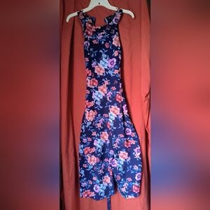 Trixxi Navy Maxi Dress with Coral and Light Blue Floral Print